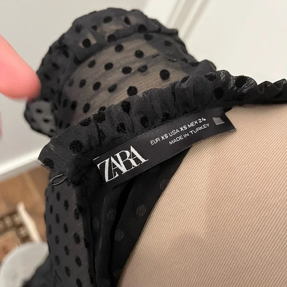 ZARA Black Flocked Swiss Dot Shirt Sleeve Flowy Midi Dress - Picture 12 of 14